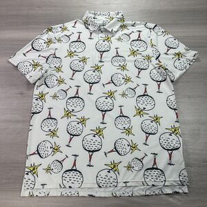 Sosik Polo Shirt Mens XL White Golf‎ Ball Graphic Short Sleeve Stretch Polyester
